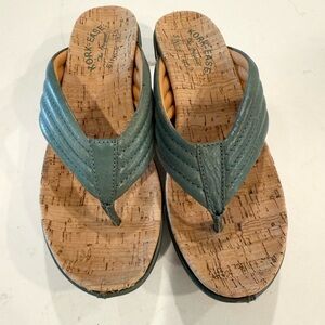 Kork Ease Madison Wedge Flip Flop Sandal Womens Size 6 Blue Green Leather